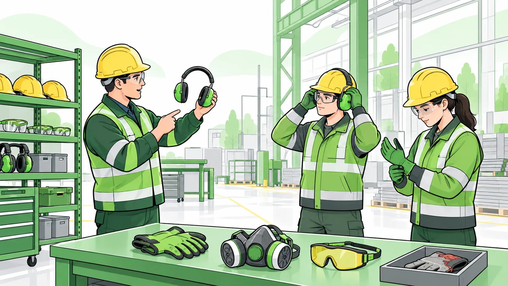 Safety instructor demonstrates hearing protection while workers practise fitting earmuffs and protective gloves in a factory PPE training area.