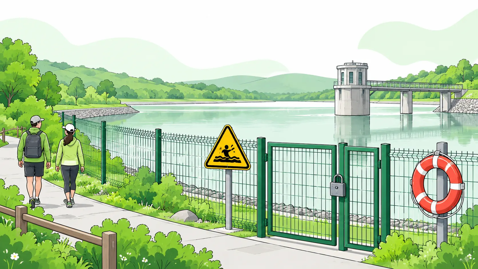 Locked reservoir access gate and perimeter fencing protect a waterside path, with a drowning warning pictogram and rescue lifebuoy.