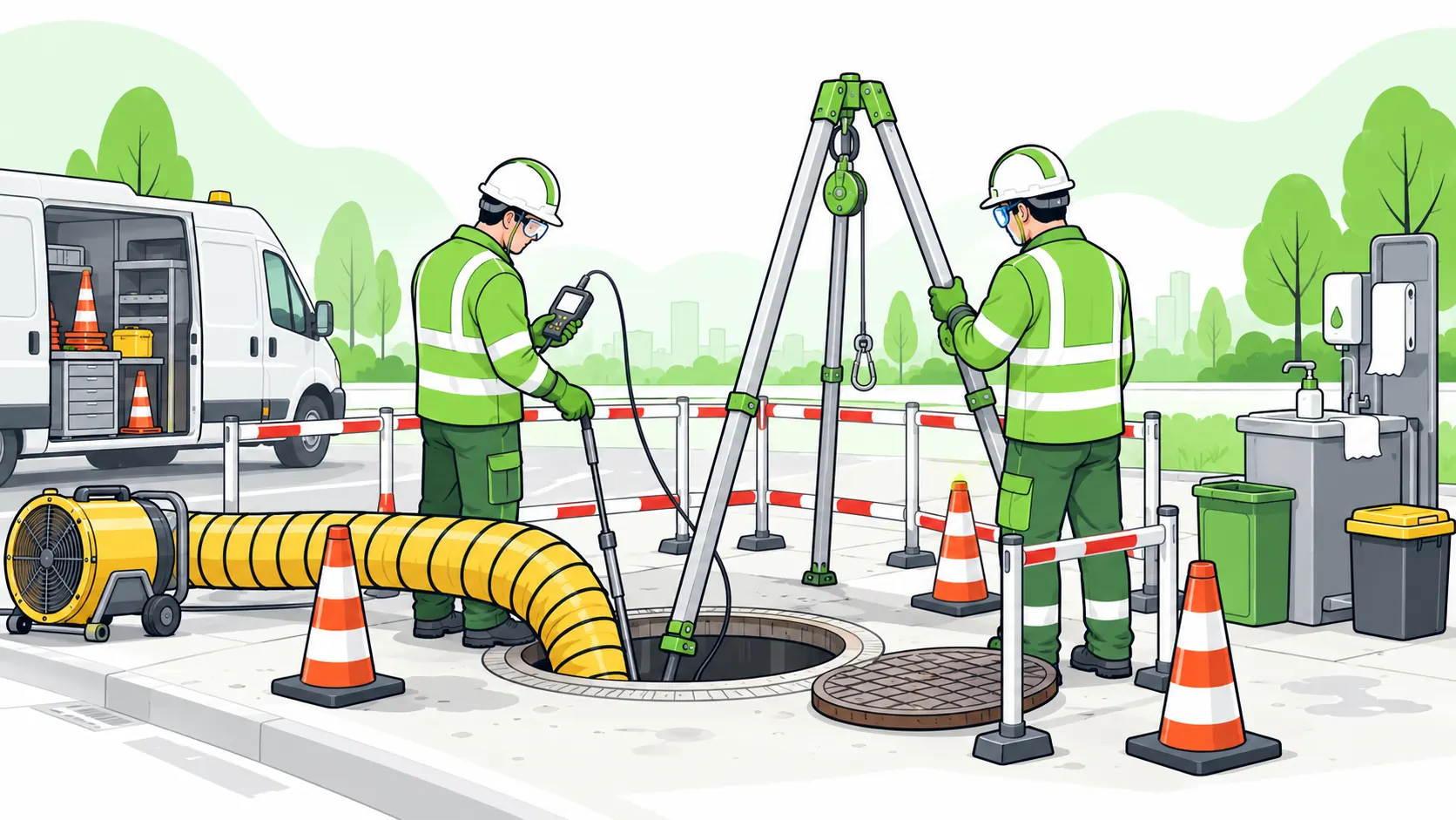 Sewage maintenance workers test air from outside a guarded manhole beside ventilation equipment, a retrieval tripod and a handwashing station.