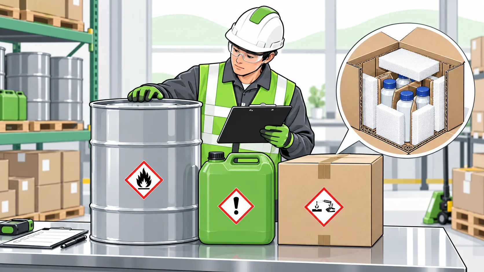 A packaging specialist inspects sealed drums, a jerrican and a cushioned inner-container sample at a dangerous-goods quality-control bench.