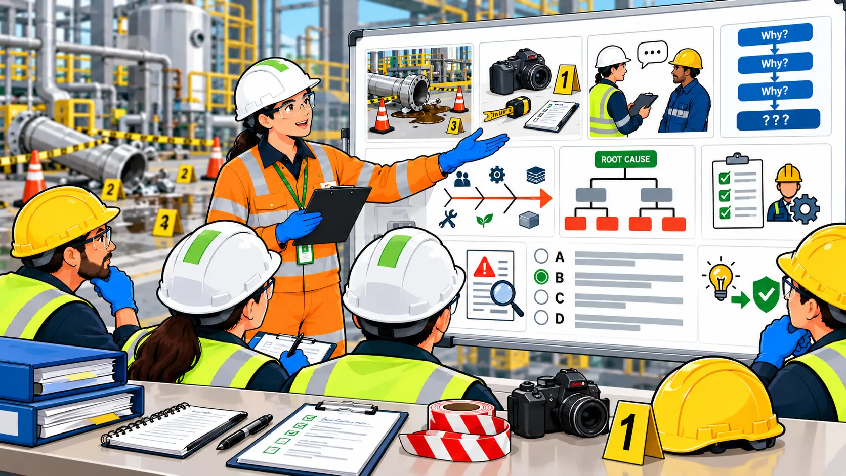 Team conducting accident investigation with safety equipment, charts, and root cause analysis at industrial site.