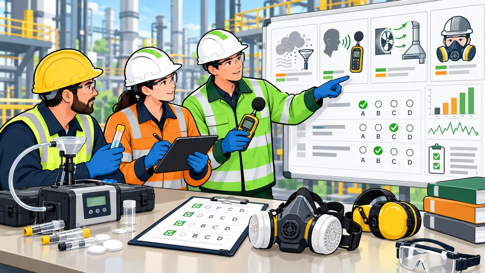Workers in protective gear reviewing industrial hygiene test results and safety data on a whiteboard at an industrial site.