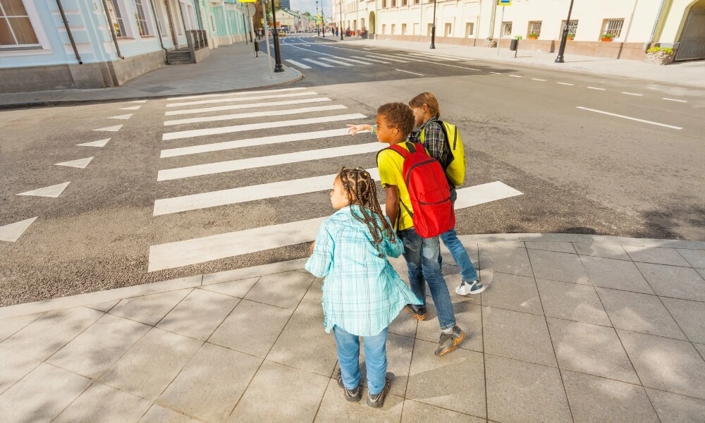 Kids traffic rules. Safety road movement, young pedestrians with
