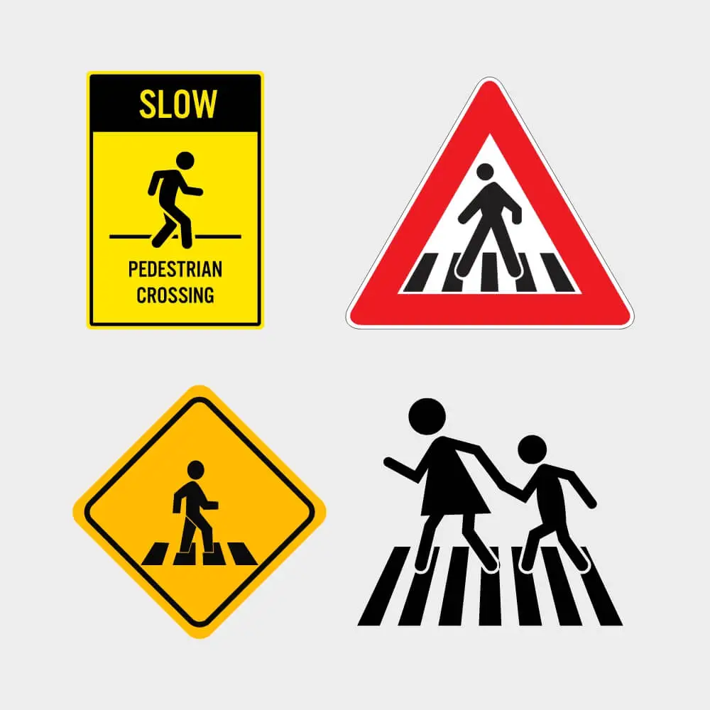 View of three traffic signs Pedestrian crossing / Zebra crossing