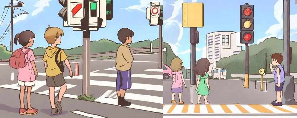 Pedestrian Safety And Car Driving Rules Boy Crossing The Street On