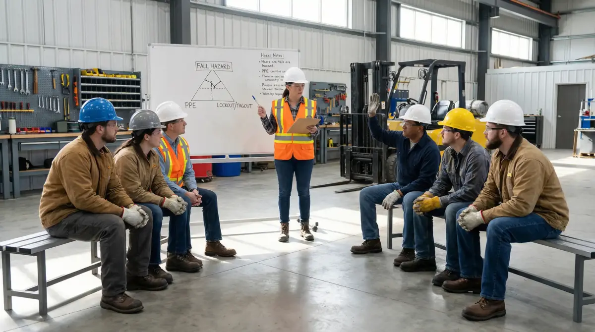 Safety training session in an industrial warehouse where a female instructor presents fall hazard prevention to six workers seated on benches, with equipment and forklifts visible in the background.