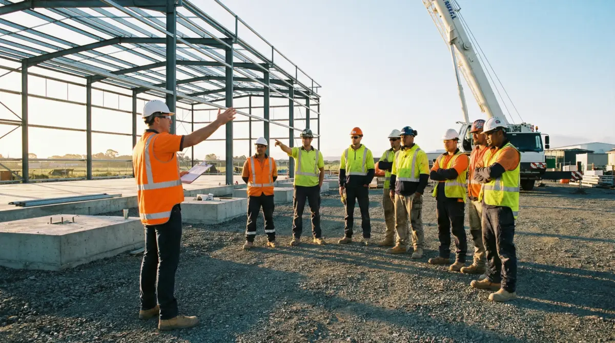 Construction site supervisor briefing team of workers in high-visibility vests on active industrial building project.