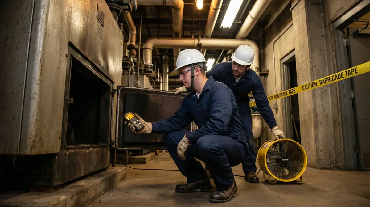 Two workers in hard hats and safety gear inspect industrial equipment in a basement corridor with caution tape, using a handheld measuring device and portable fan.