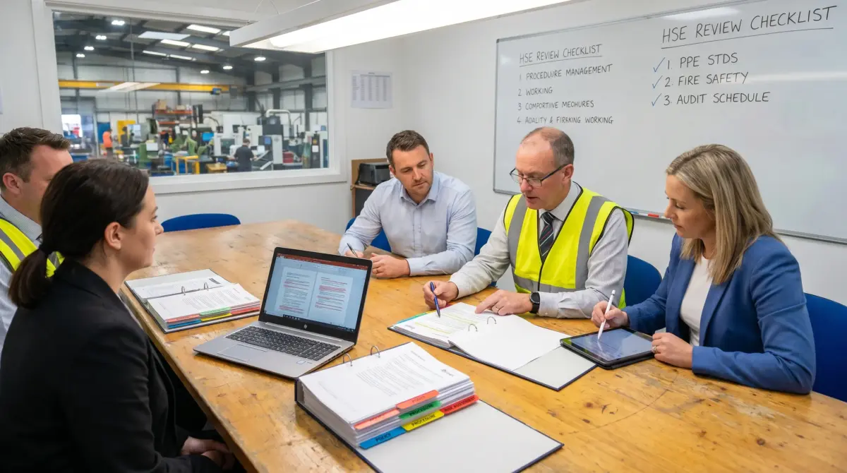 Team of five professionals reviewing HSE safety documentation and checklists at a wooden conference table in an industrial facility office, with whiteboards displaying health and safety procedures visible in background.