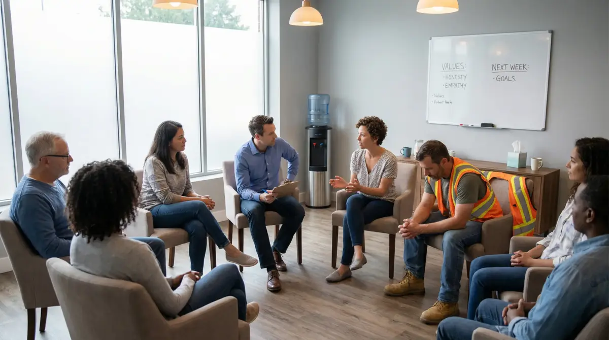 A diverse group of eight people sit in a circle of beige chairs during a team meeting in a modern office space with large windows, discussing topics listed on a whiteboard including values and goals.
