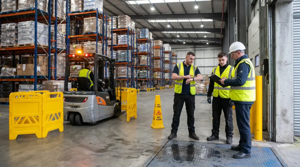 Three warehouse workers in high-visibility vests discuss safety procedures near a forklift and storage racks filled with palletized boxes in an industrial facility.