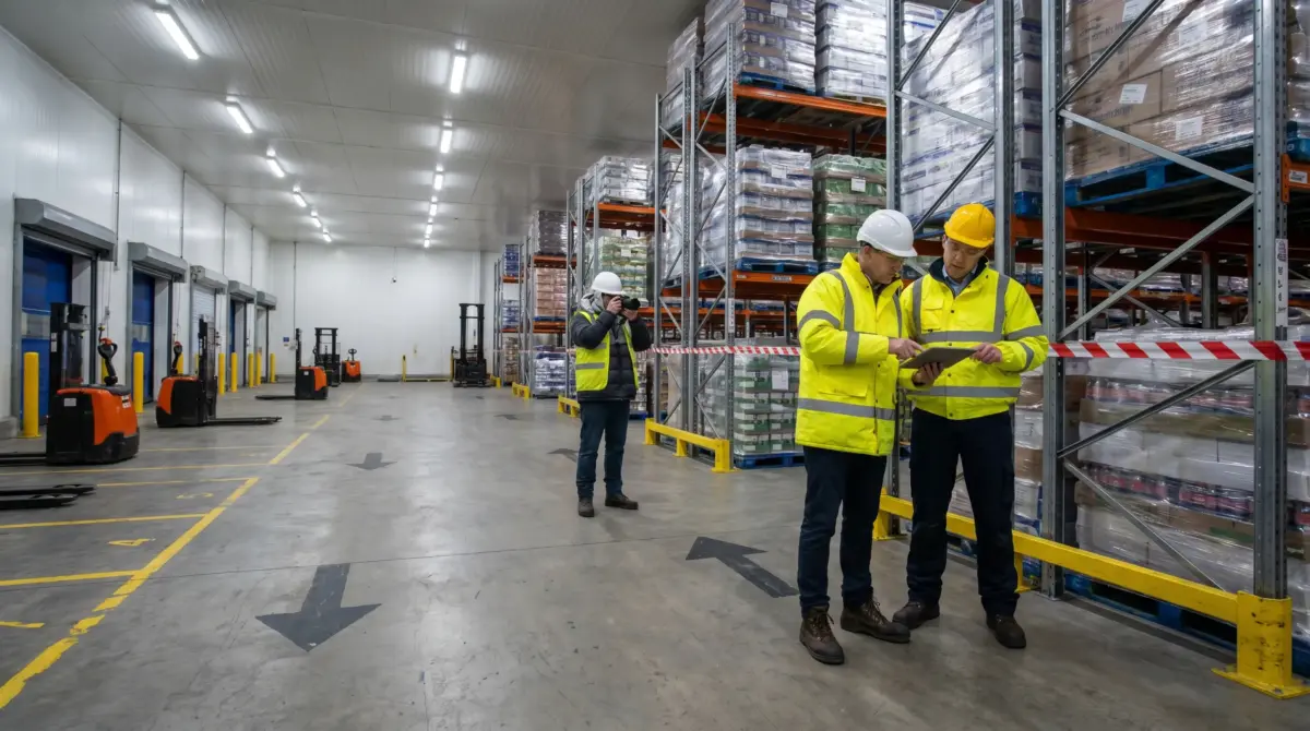 Workers in yellow safety vests and hard hats inspect inventory in a modern warehouse facility with tall pallet racks, forklift equipment, and industrial lighting.
