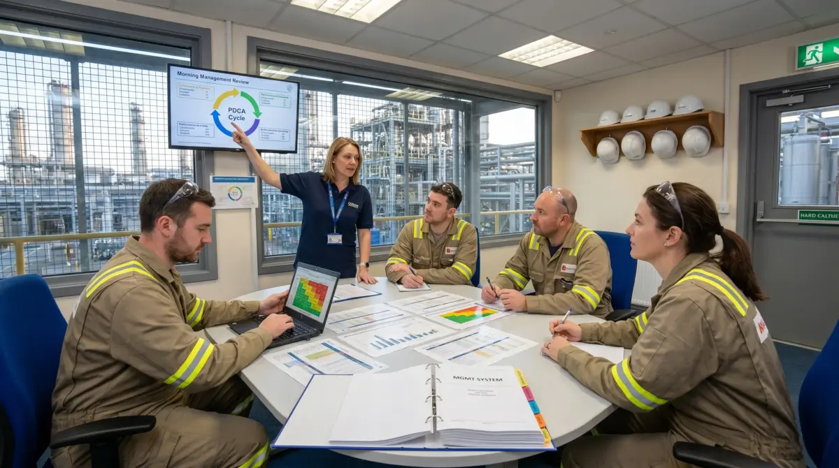 A woman in a blue lanyard presents a PDCA Cycle diagram to four workers in tan and yellow safety gear seated around a table during a morning management review meeting in a high-rise office.