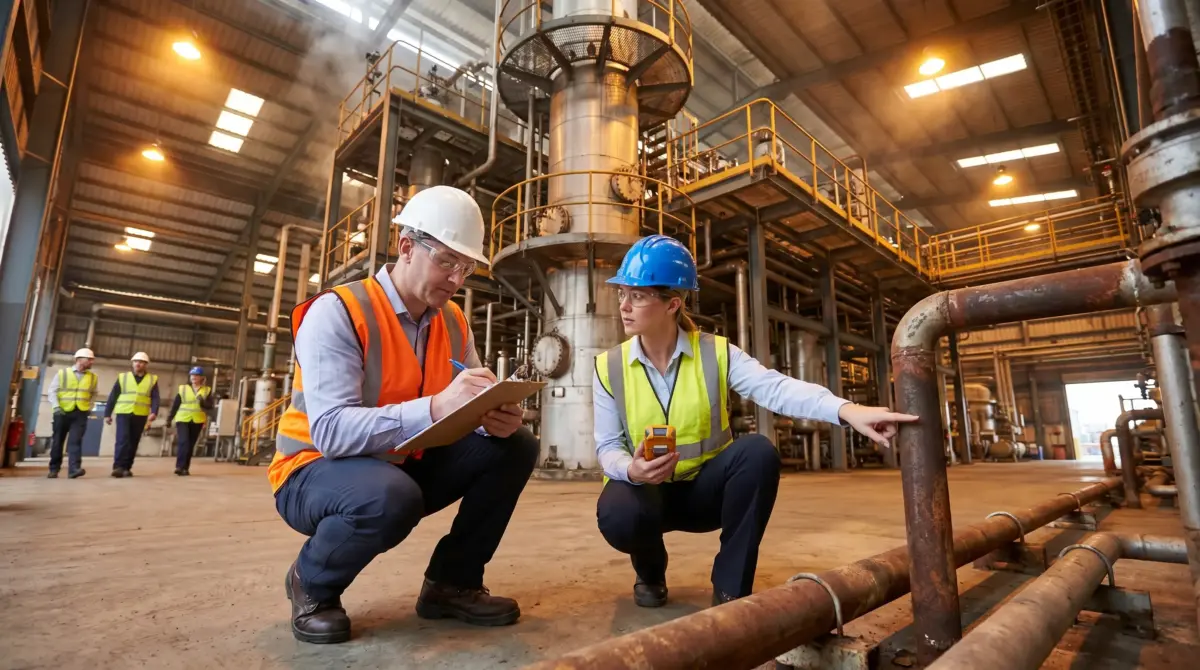 Two industrial workers in safety gear inspect corroded pipes inside a large manufacturing facility with metal structures and equipment visible in the background.