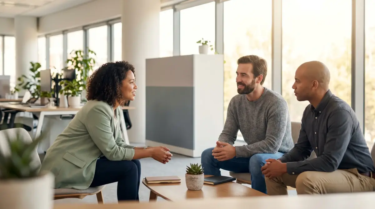 Three professionals engaged in a collaborative discussion in a modern, sunlit office with large windows, plants, and minimalist furniture.