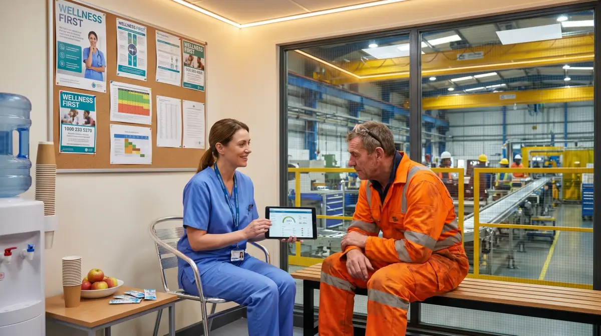 Healthcare worker in blue scrubs shows tablet to industrial worker in orange safety gear during wellness consultation in modern factory office overlooking manufacturing floor.
