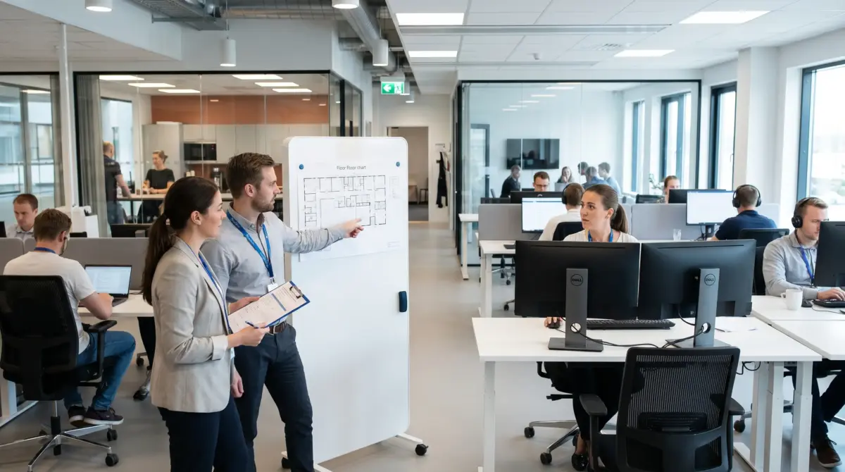 Two professionals review a floor plan on a whiteboard in a modern open office space while colleagues work at desks with computers in the background.