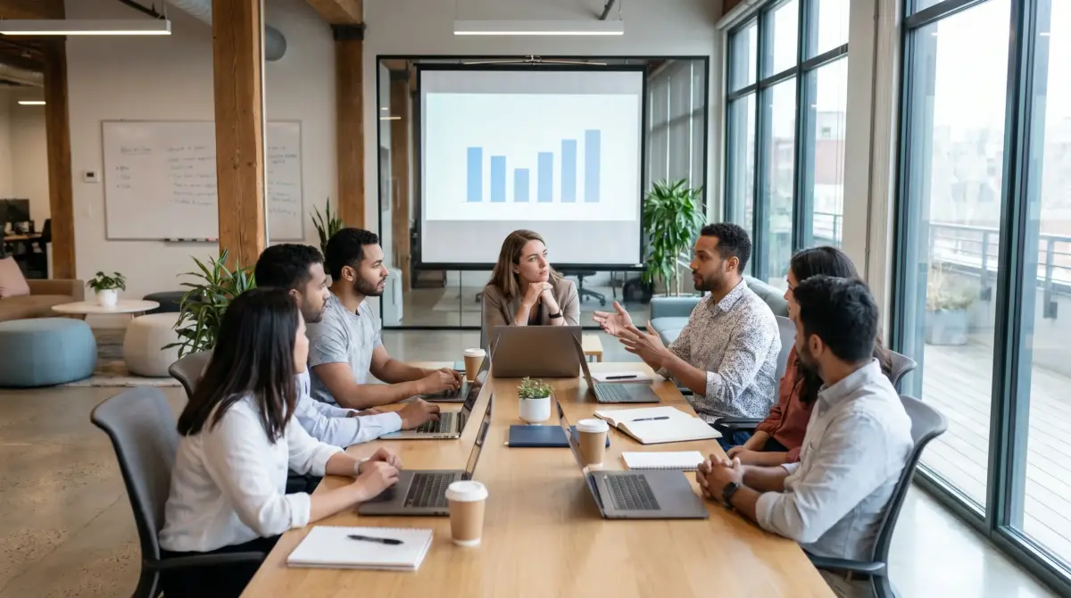 A diverse team of six professionals sits around a wooden conference table during a business meeting in a modern office with floor-to-ceiling windows, with a bar chart displayed on a screen behind them.